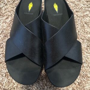 Volatile Black Crisscross Slide Sandals with Yellow Logo